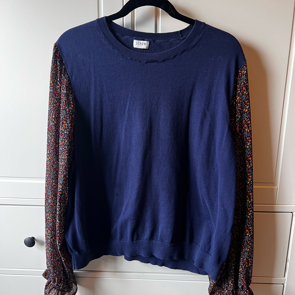 J. Crew Factory Navy Crewneck Sweater with Floral Long Sleeves
